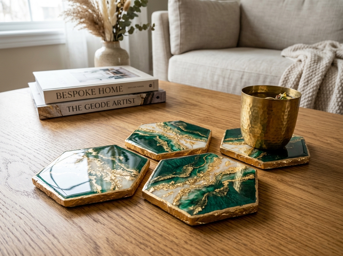 Emerald & Gold Geode Coasters